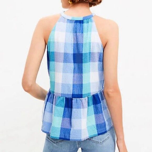 LOFT Blue Plaid Keyhole Peplum Lightweight Halter Top NWT Size Extra Large - Picture 2 of 7